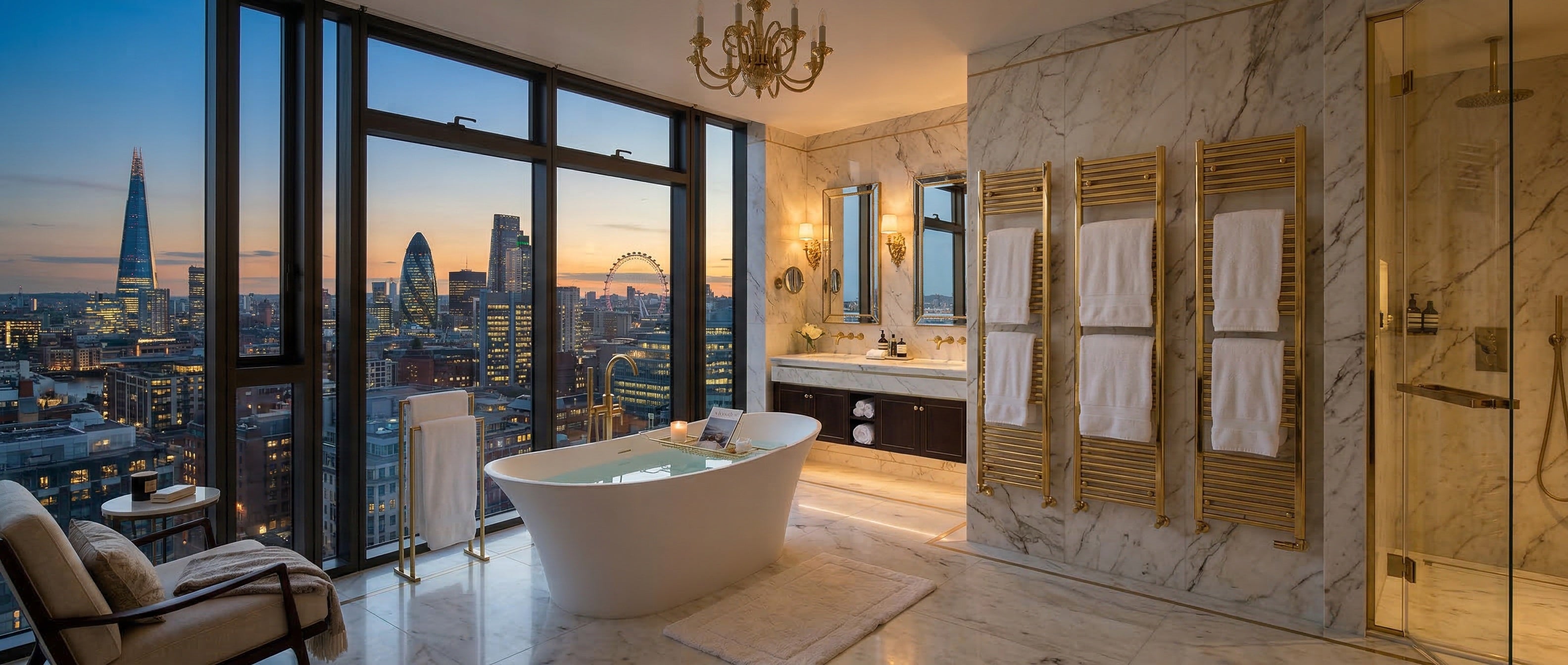 Panorama-Ansicht eines modernen Badezimmers mit Design-Heizkörper