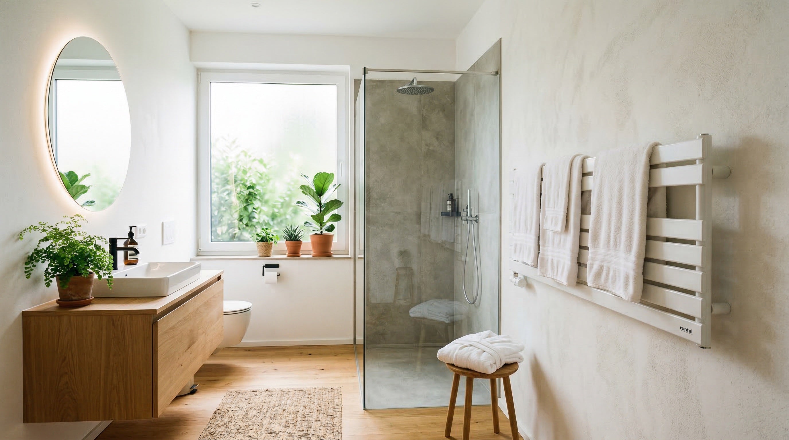 Weißer Heizkörper in einem hellen skandinavischen Badezimmer mit Pflanzen