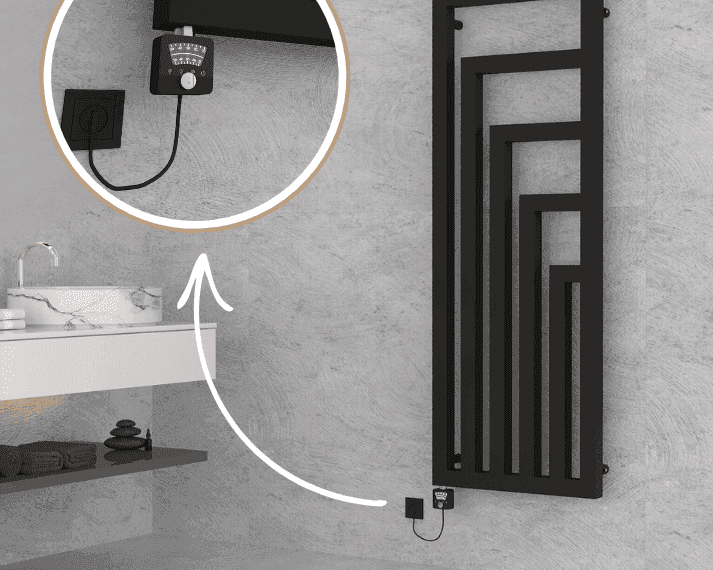 Elektrischer Badheizkörper Apollo in Schwarz mit Handtüchern