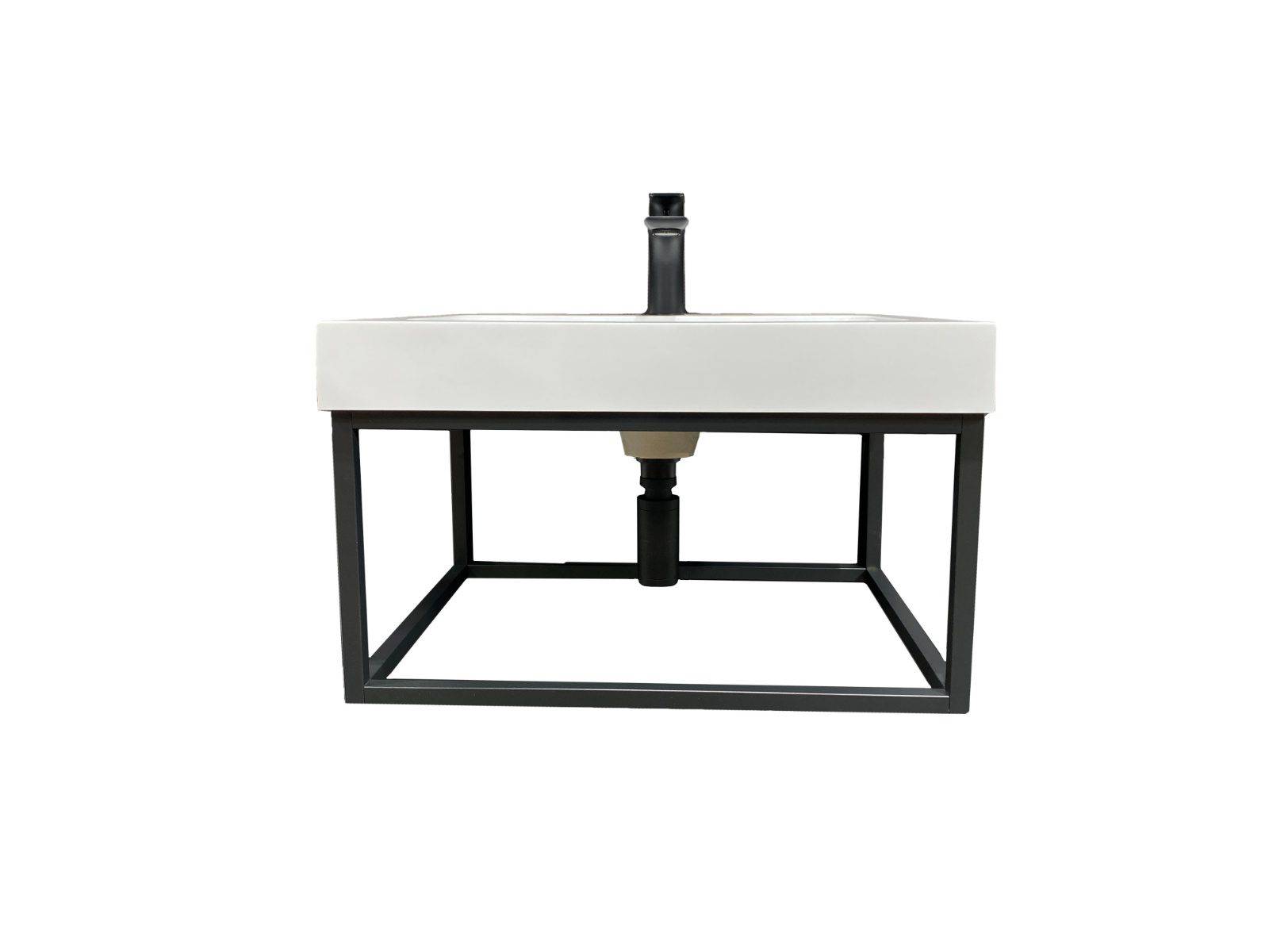 Hängewaschbecken 60cm Weiß mit schwarzer Armatur und Untergestell, Frontalansicht