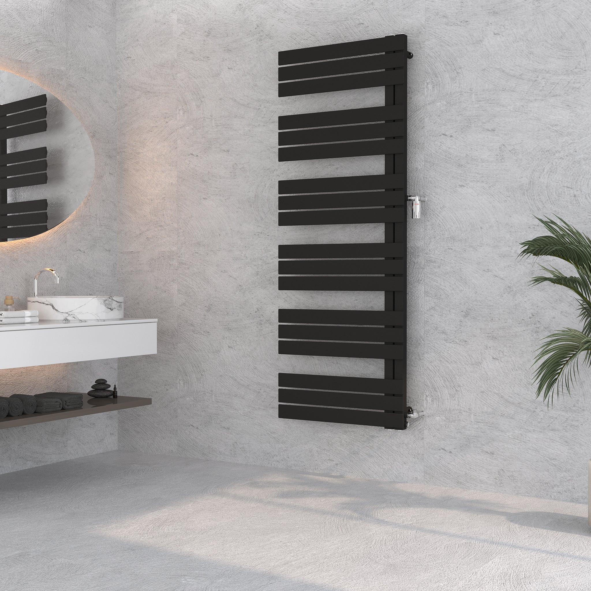 Design Badheizkörper Eos 2 in Schwarz – eleganter Heizkörper für Badezimmer mit effizienter Wärmeabgabe und stilvollem Look.