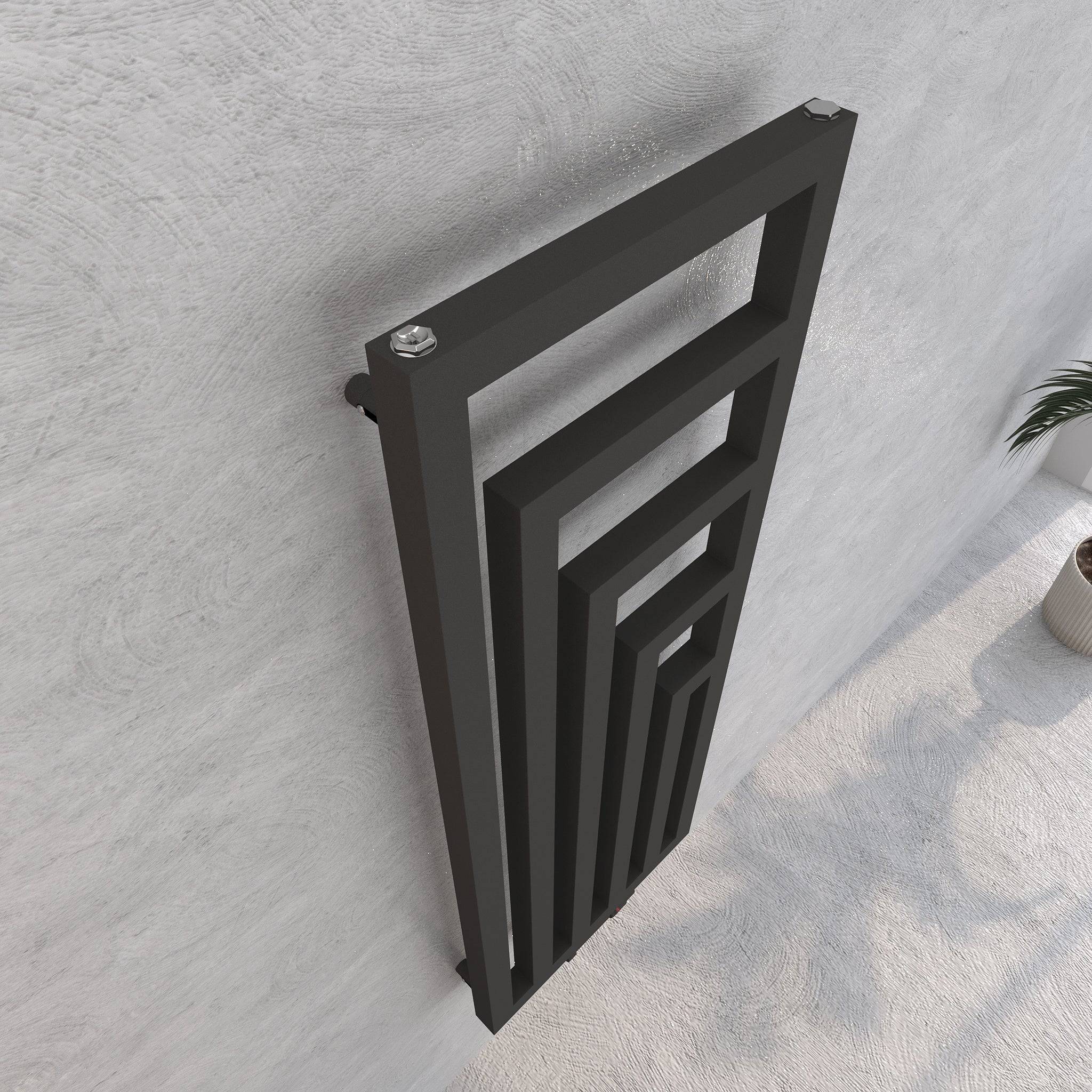 Apollo Design Badheizkörper Anthrazit, Detailansicht der oberen Ecke mit Sprossenmuster