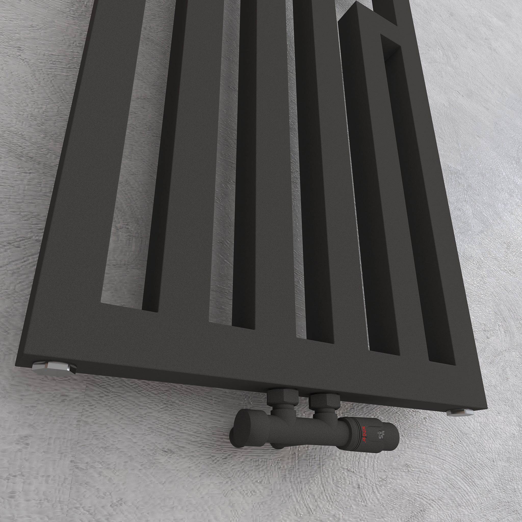 Apollo Design Badheizkörper Anthrazit, Detailansicht des Thermostatventils am Sockel
