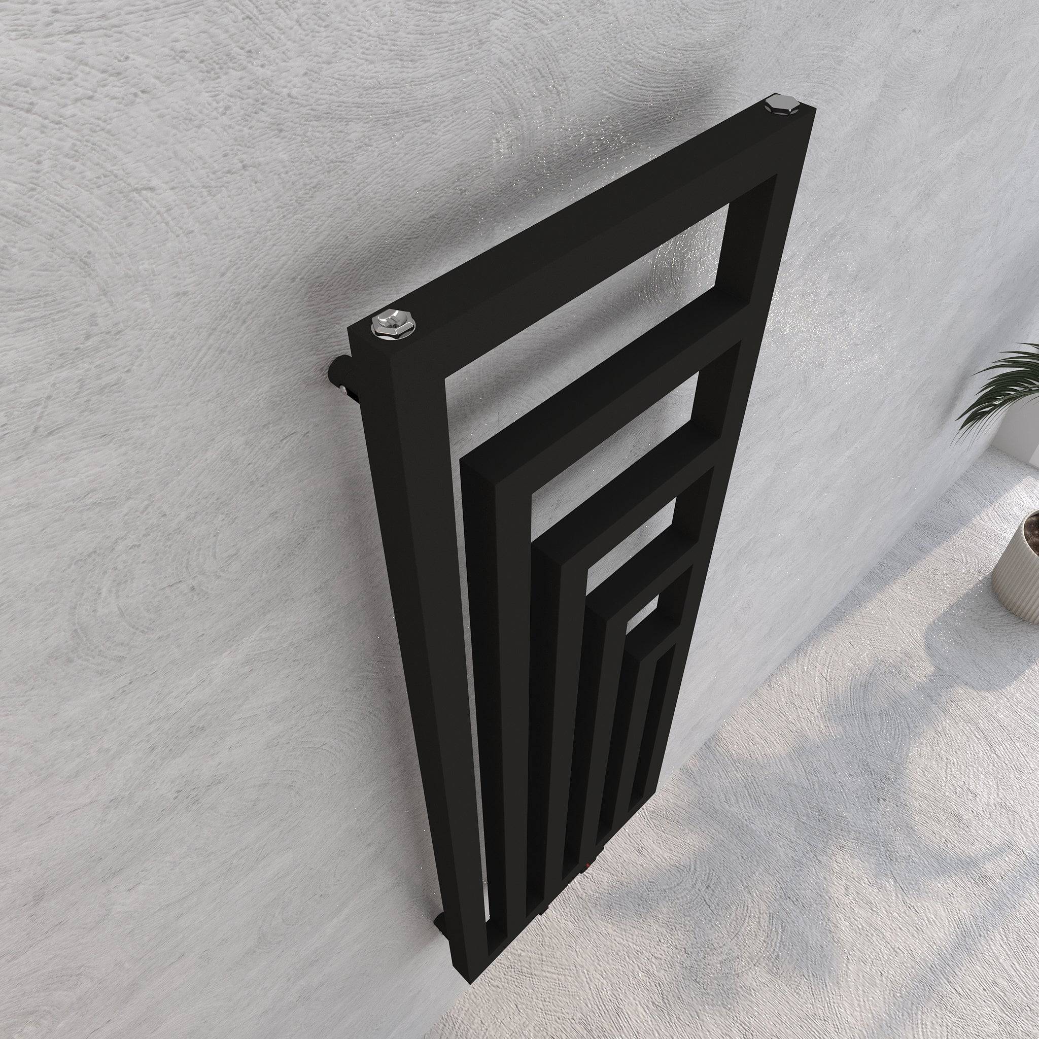 Apollo Design Badheizkörper Schwarz, Detailansicht der oberen Ecke mit Sprossenmuster