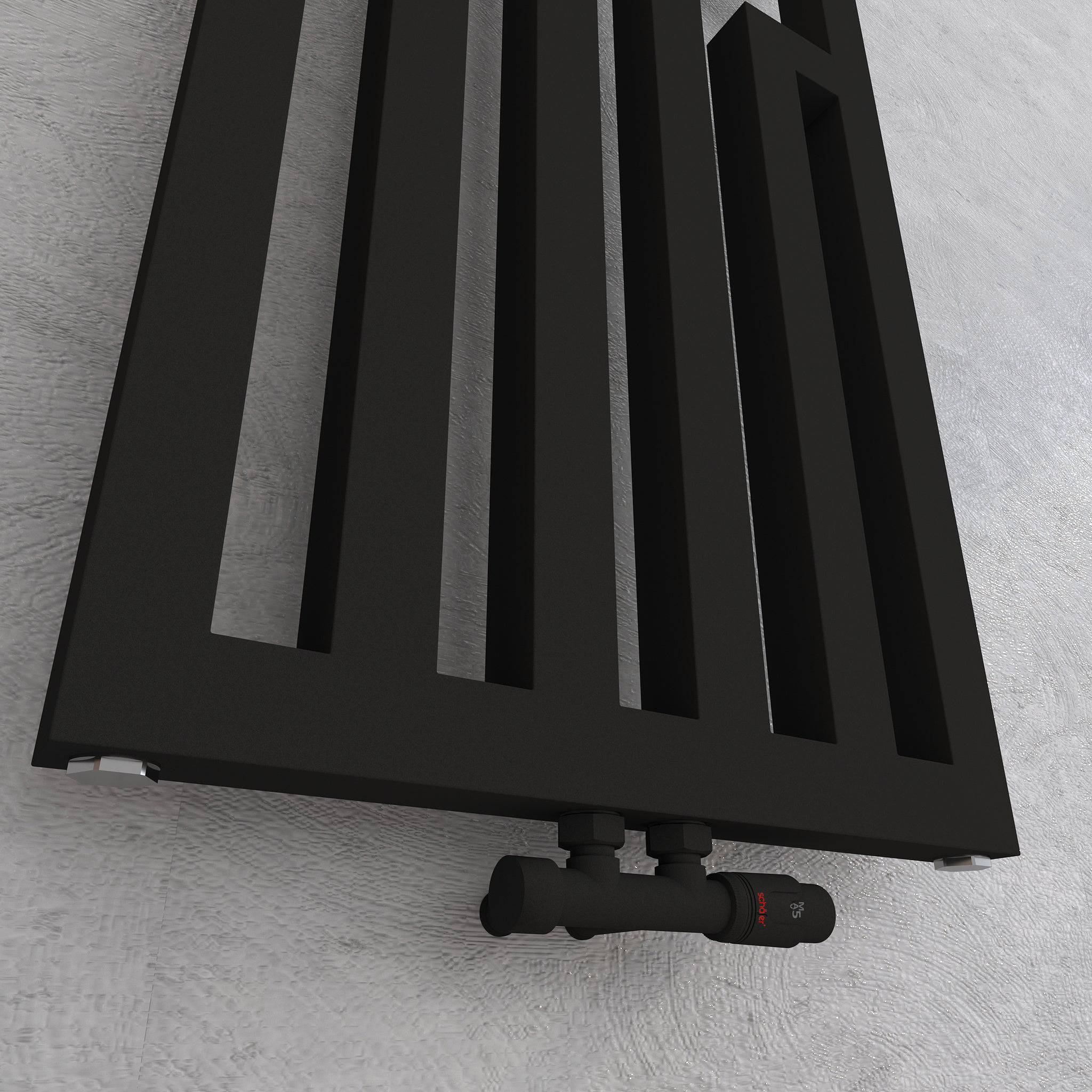 Apollo Design Badheizkörper Schwarz, Detailansicht des Thermostatventils am Sockel