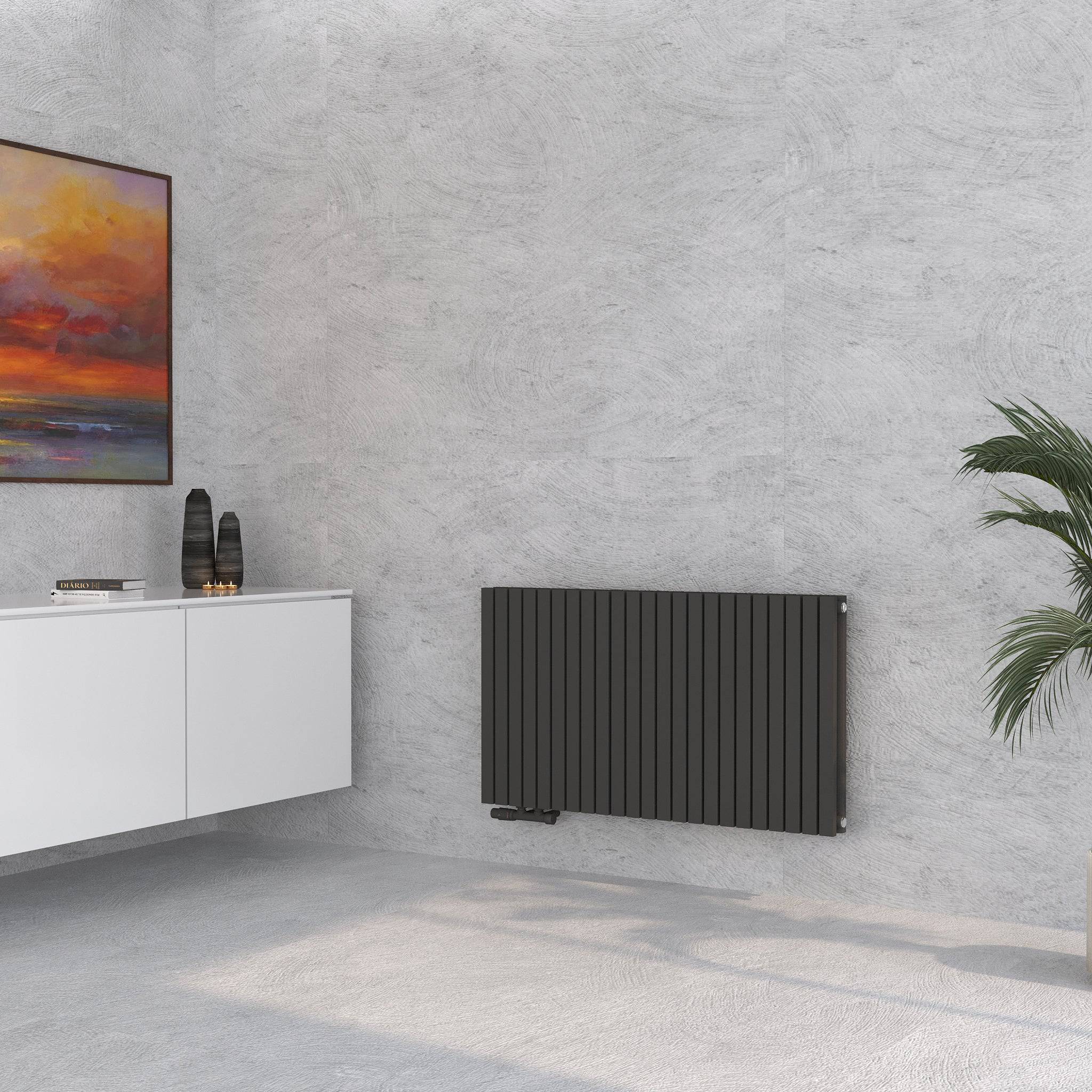 Demeter H Paneelheizkörper horizontal an der Wand montiert neben Sideboard und Zimmerpflanze