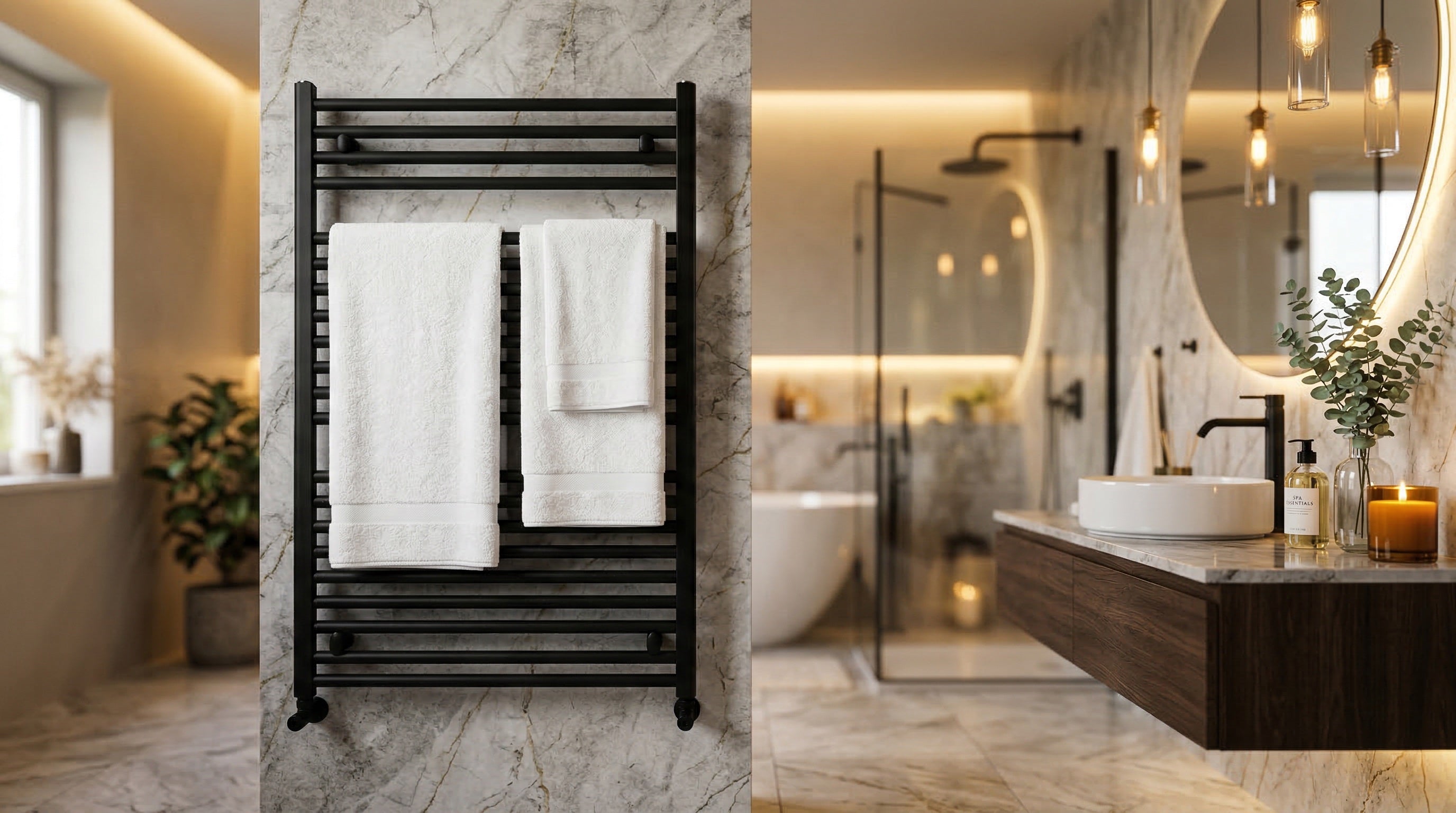 Schwarzer Handtuchheizkörper in einem luxuriösen Marmor-Badezimmer mit goldenen Armaturen