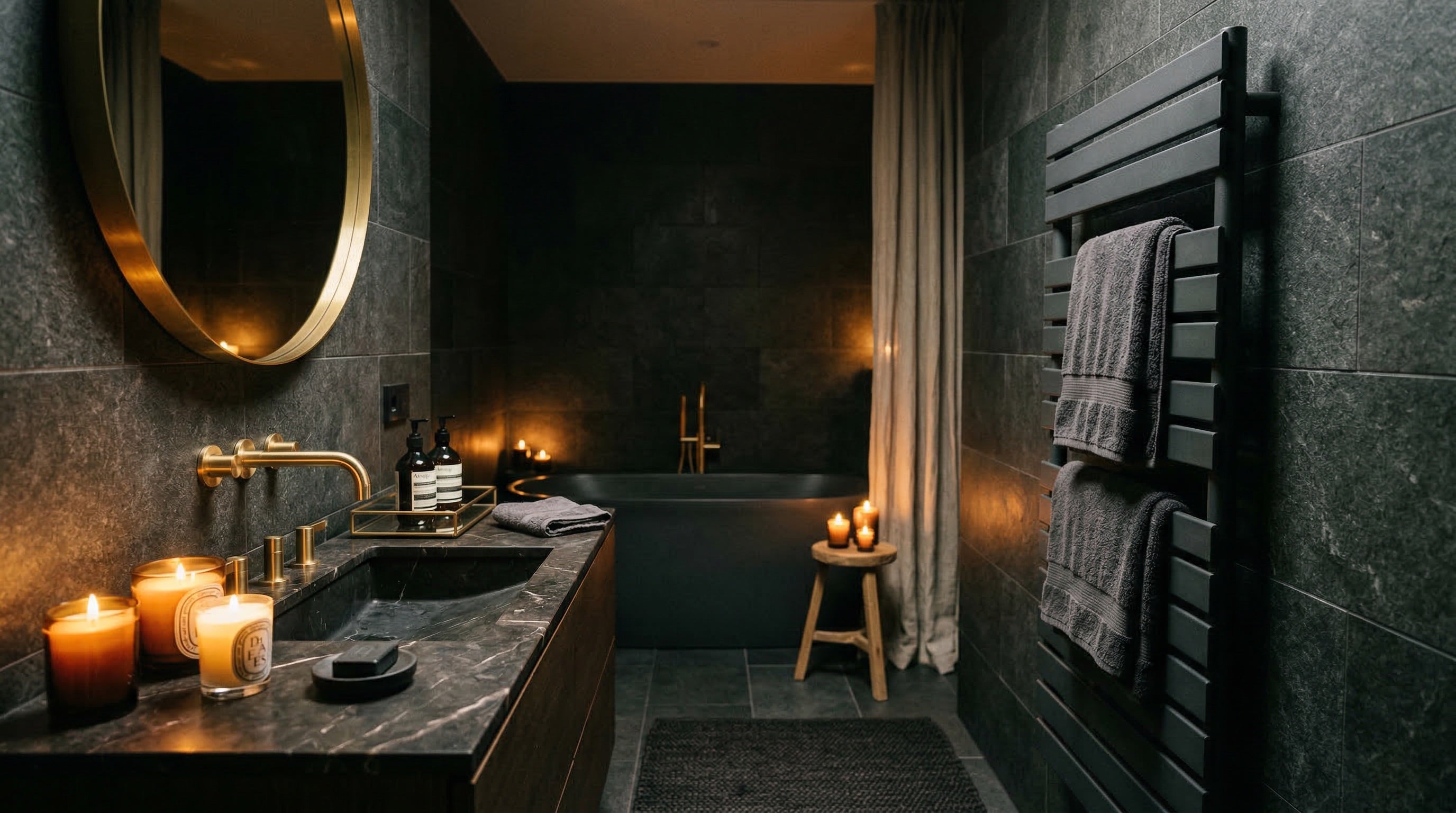 Anthrazit Heizkörper in einem luxuriösen Spa-Badezimmer mit Kerzen und goldenen Akzenten